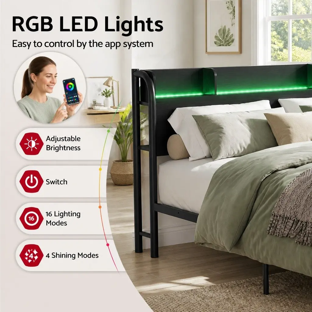 Double Size Metal Bed Frame with Storage Headboard Charging Station LED Lights Black