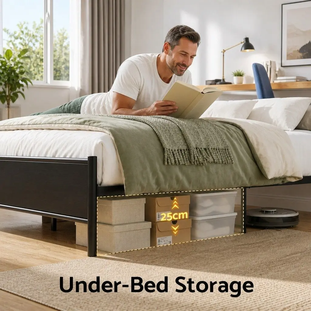 Double Size Metal Bed Frame with Storage Headboard Charging Station LED Lights Black