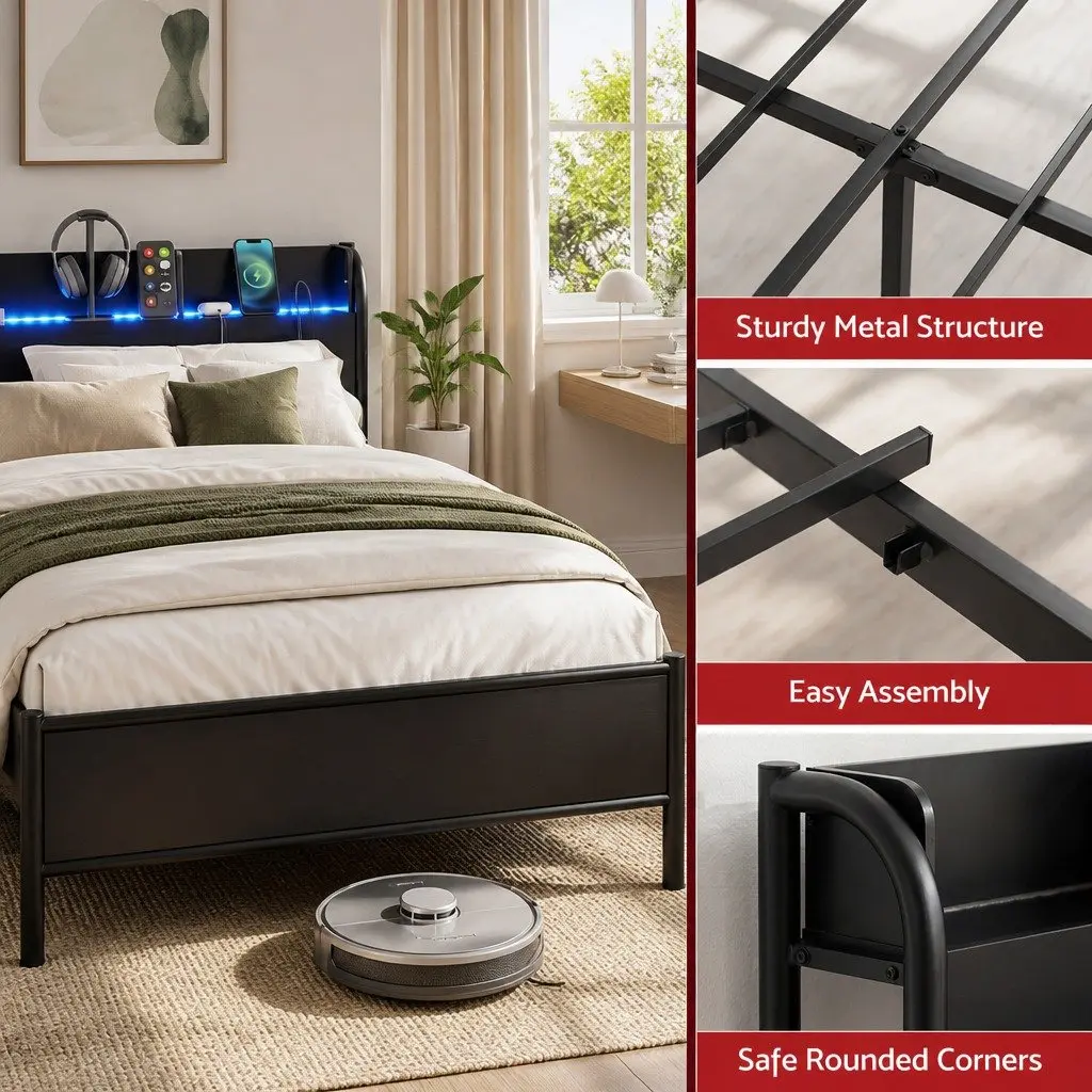 Double Size Metal Bed Frame with Storage Headboard Charging Station LED Lights Black