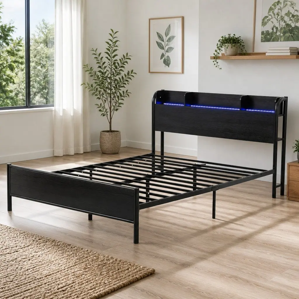 Queen Size Metal Bed Frame with Storage Headboard and Charging Station LED Lights Black