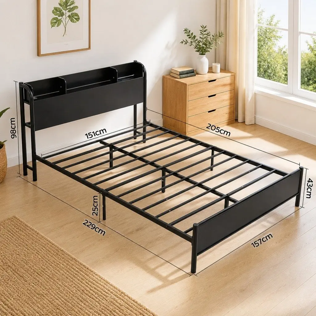Queen Size Metal Bed Frame with Storage Headboard and Charging Station LED Lights Black