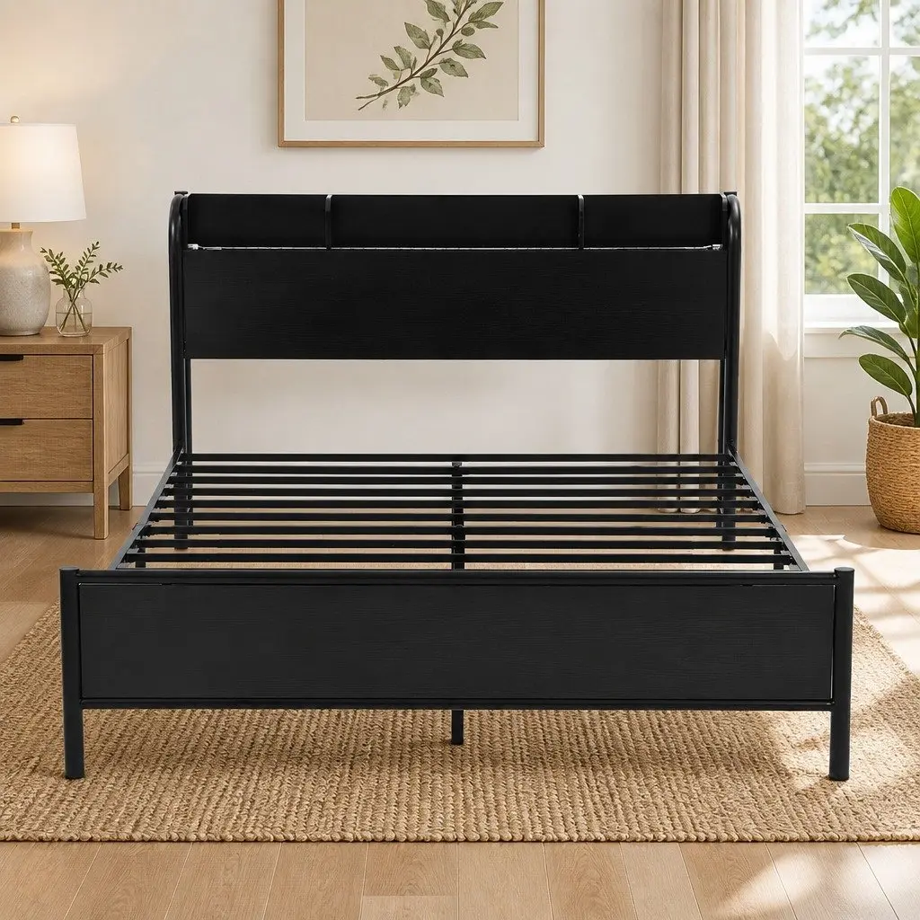 Queen Size Metal Bed Frame with Storage Headboard and Charging Station LED Lights Black