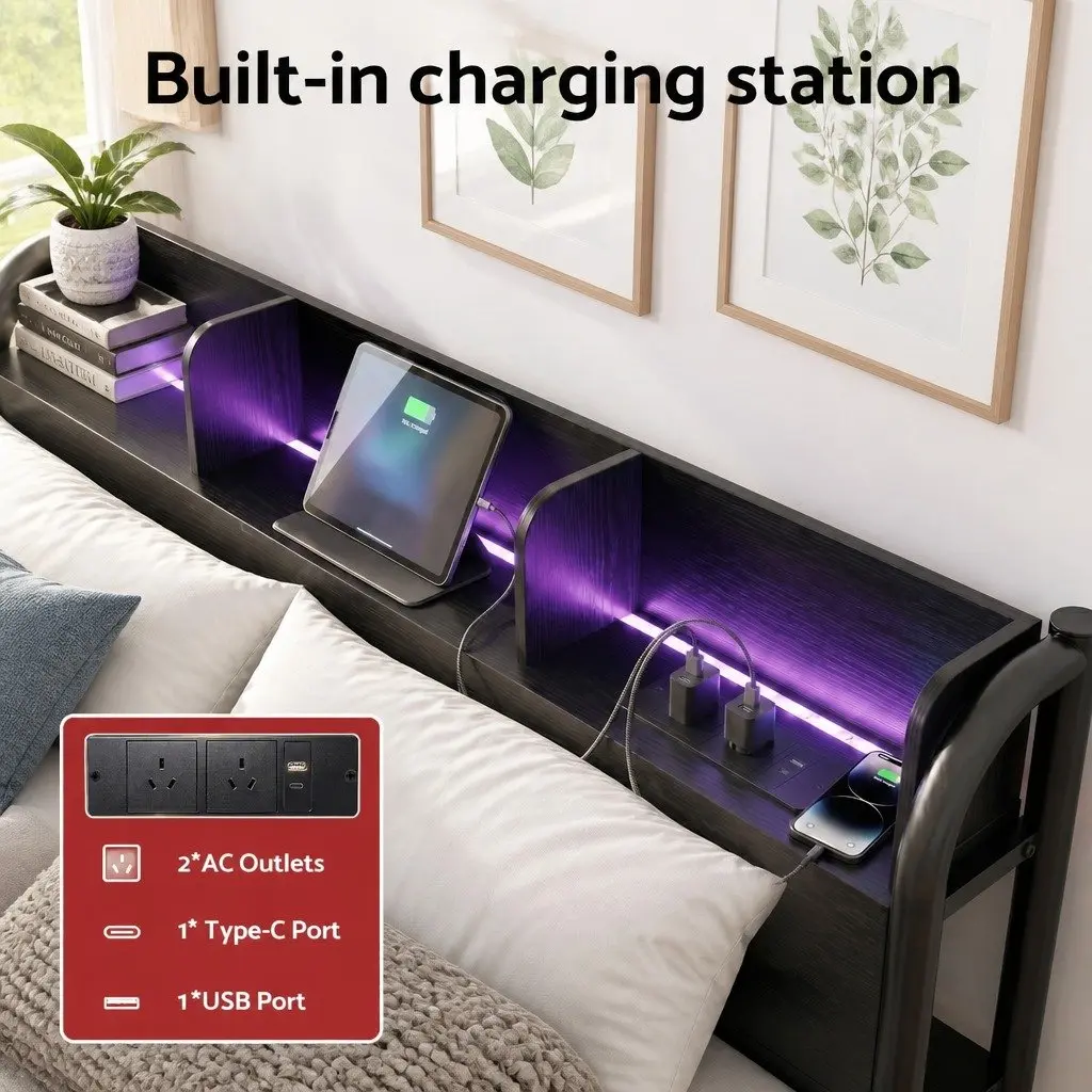 Queen Size Metal Bed Frame with Storage Headboard and Charging Station LED Lights Black