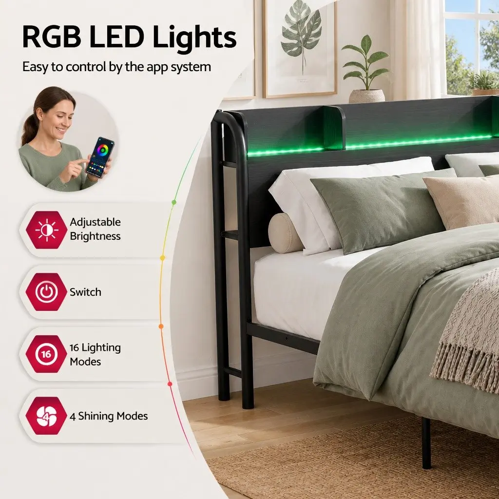 Queen Size Metal Bed Frame with Storage Headboard and Charging Station LED Lights Black