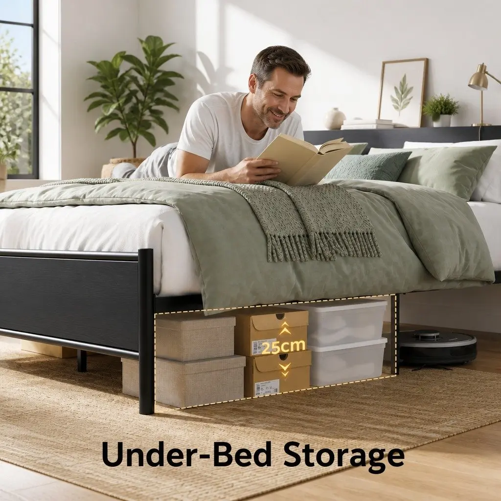 Queen Size Metal Bed Frame with Storage Headboard and Charging Station LED Lights Black