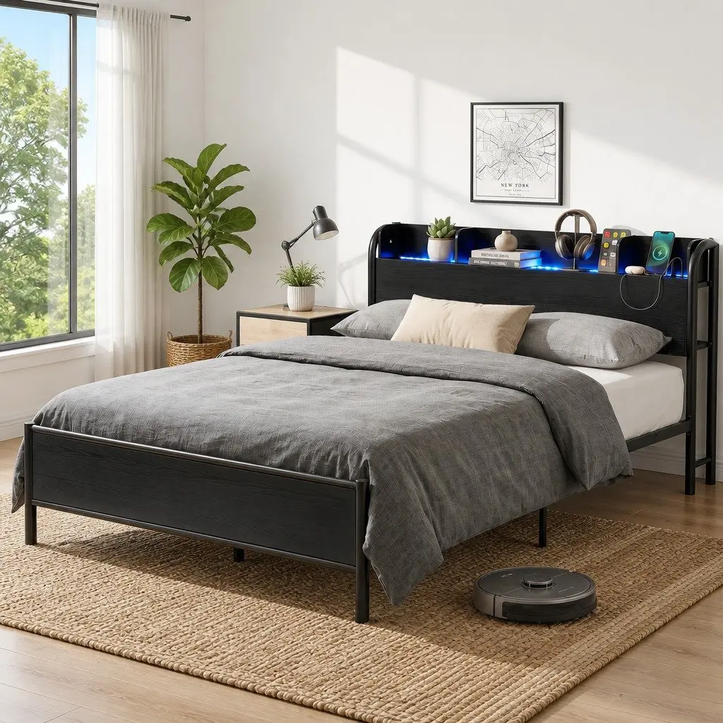 Queen Size Metal Bed Frame with Storage Headboard and Charging Station LED Lights Black