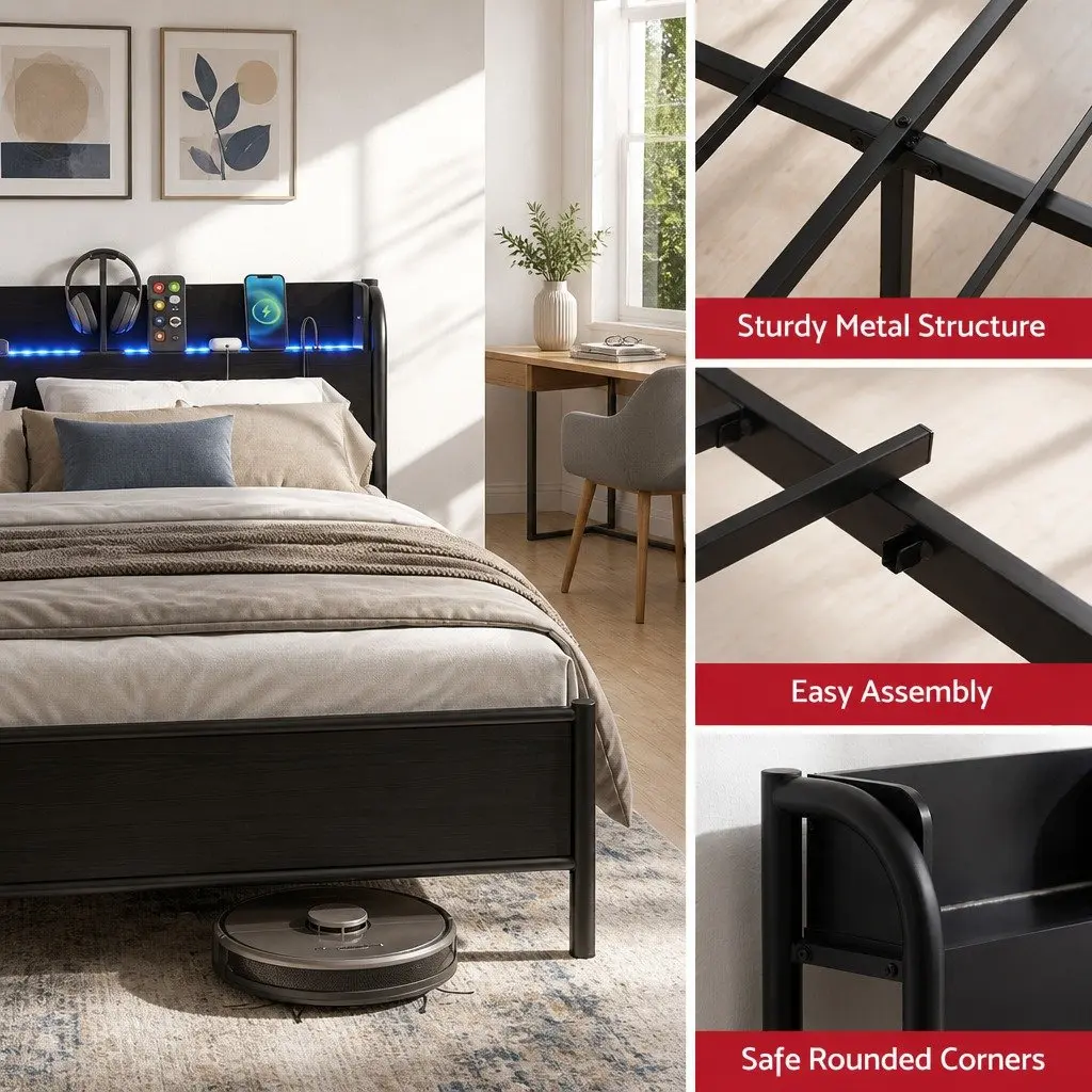 Bed Frame with LED and Storage for Small Spaces