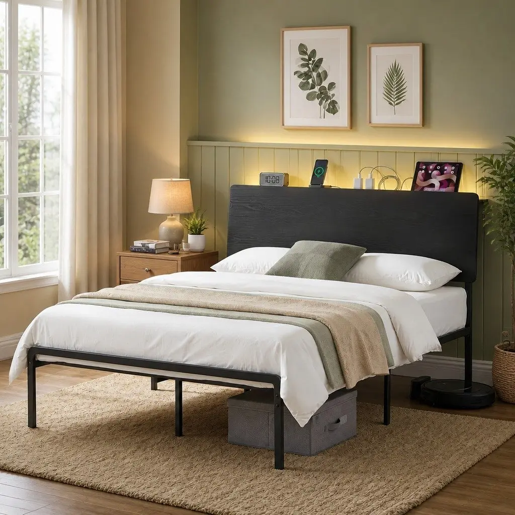 Queen Size Metal Bed Frame with MDF Headboard Black