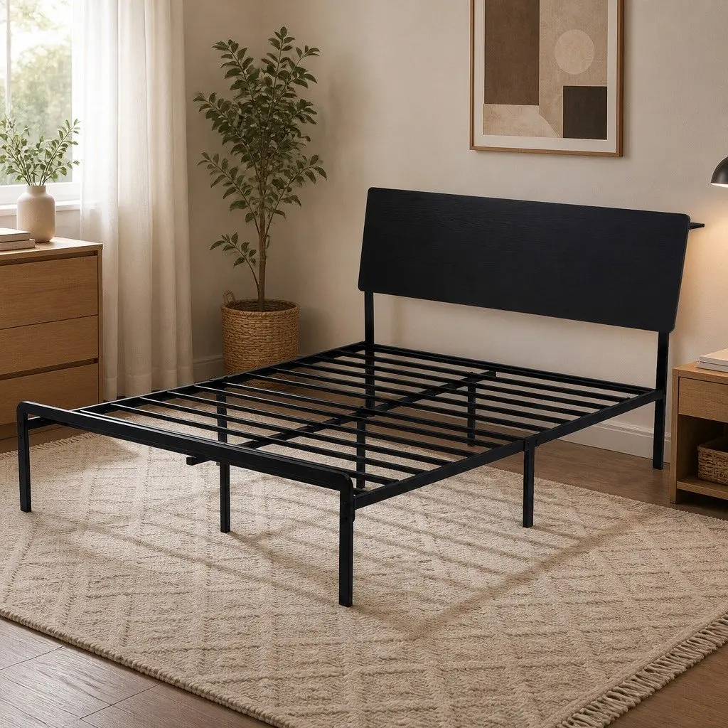Queen Size Metal Bed Frame with MDF Headboard Black
