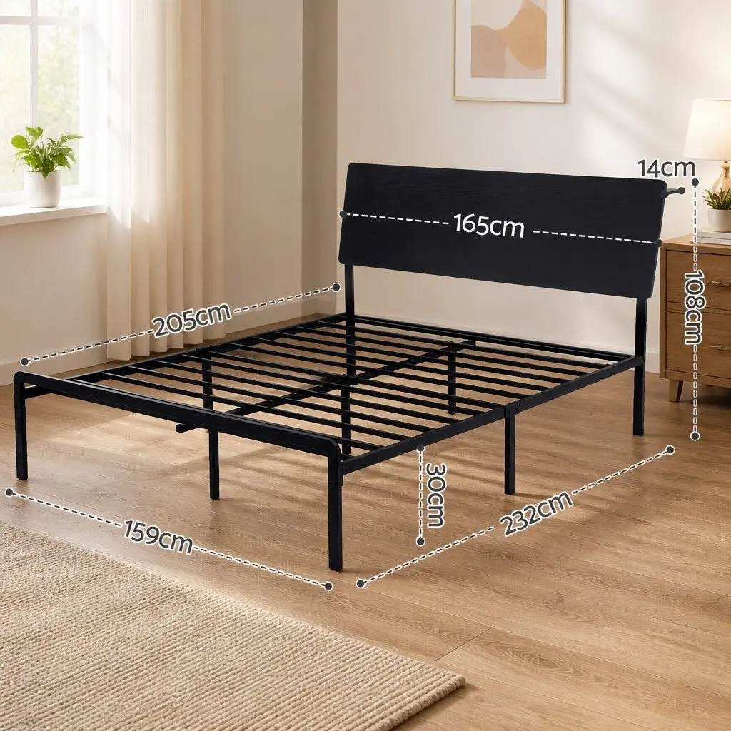 Queen Size Metal Bed Frame with MDF Headboard Black