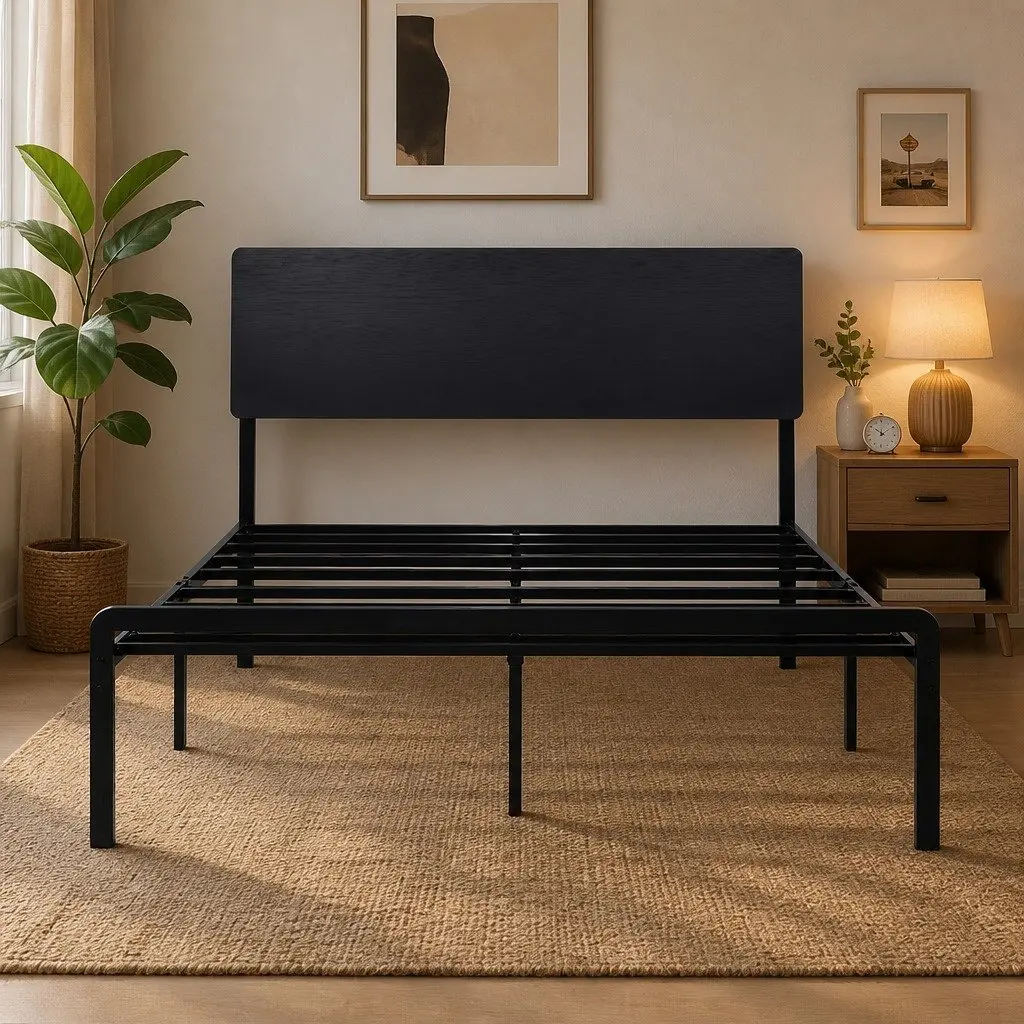 Queen Size Metal Bed Frame with MDF Headboard Black