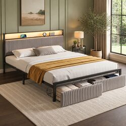King Size Metal Bed Frame with LED Charging Station USB Type-C 2 Storage Drawers