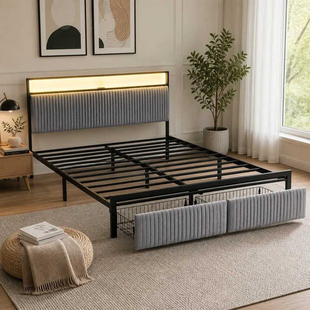 King Size Metal Bed Frame with Storage Drawers