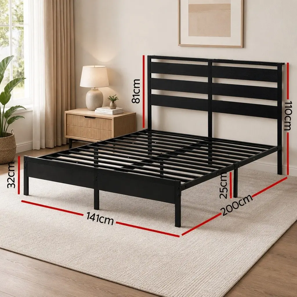 Double Bed Frame Black Metal Platform LED Lights Headboard Storage Charging
