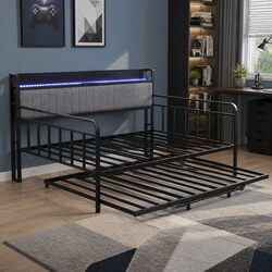 Double Bed Frame with Trundle Daybed LED Lights Charging Station Black