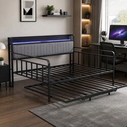 King Single Bed Frame Metal Trundle Daybed LED Lights Charging Station Storage
