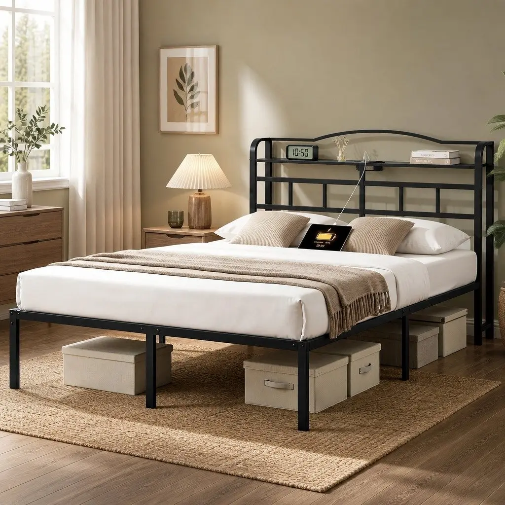 Double Bed Frame Metal with MDF Headboard Storage Black
