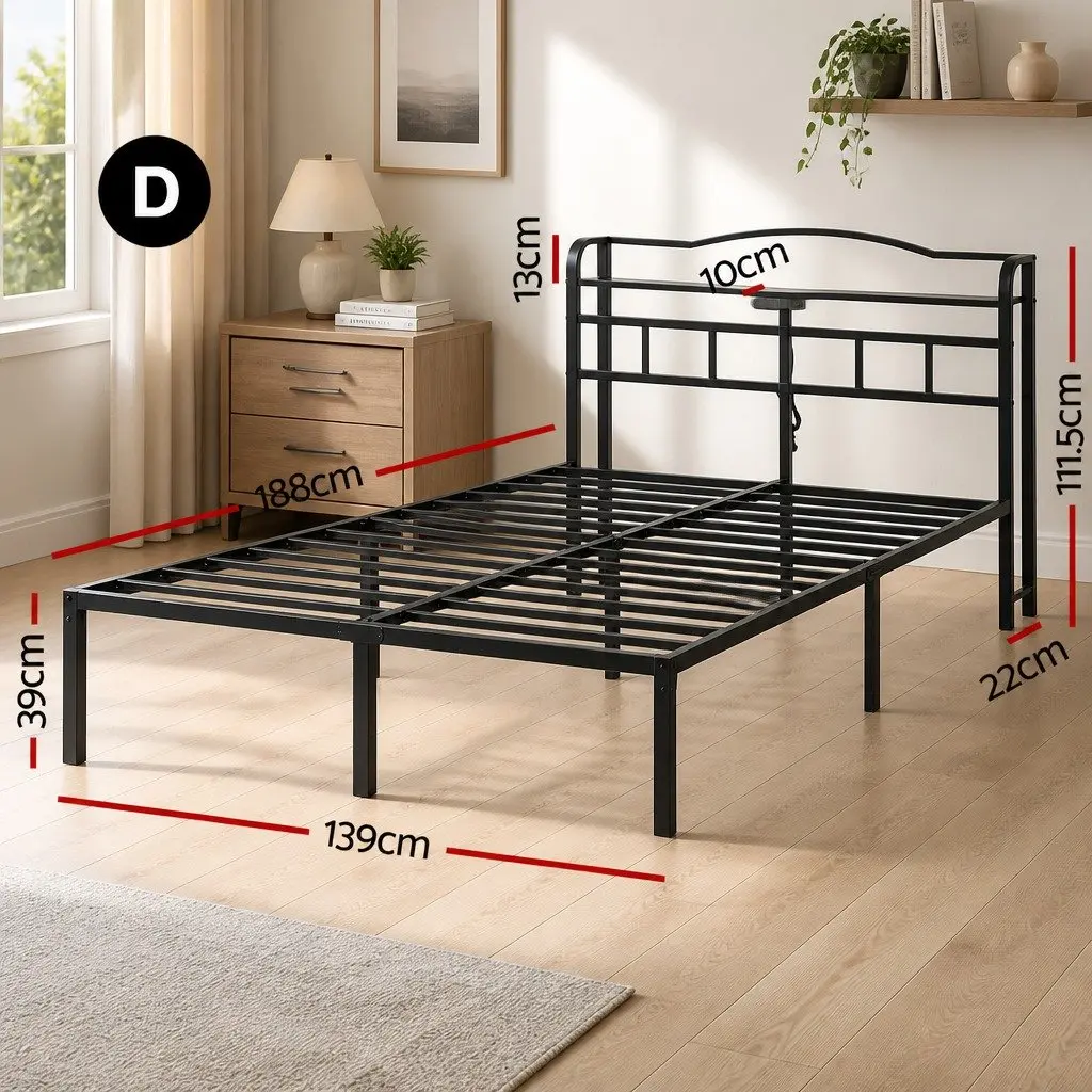 Double Bed Frame Metal with MDF Headboard Storage Black
