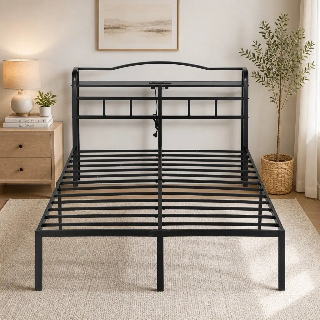 Double Bed Frame Metal with MDF Headboard Storage Black