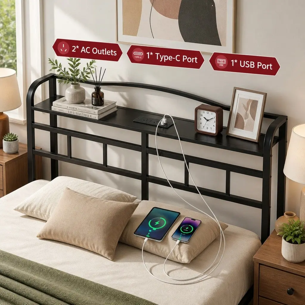 Double Bed Frame Metal with MDF Headboard Storage Black
