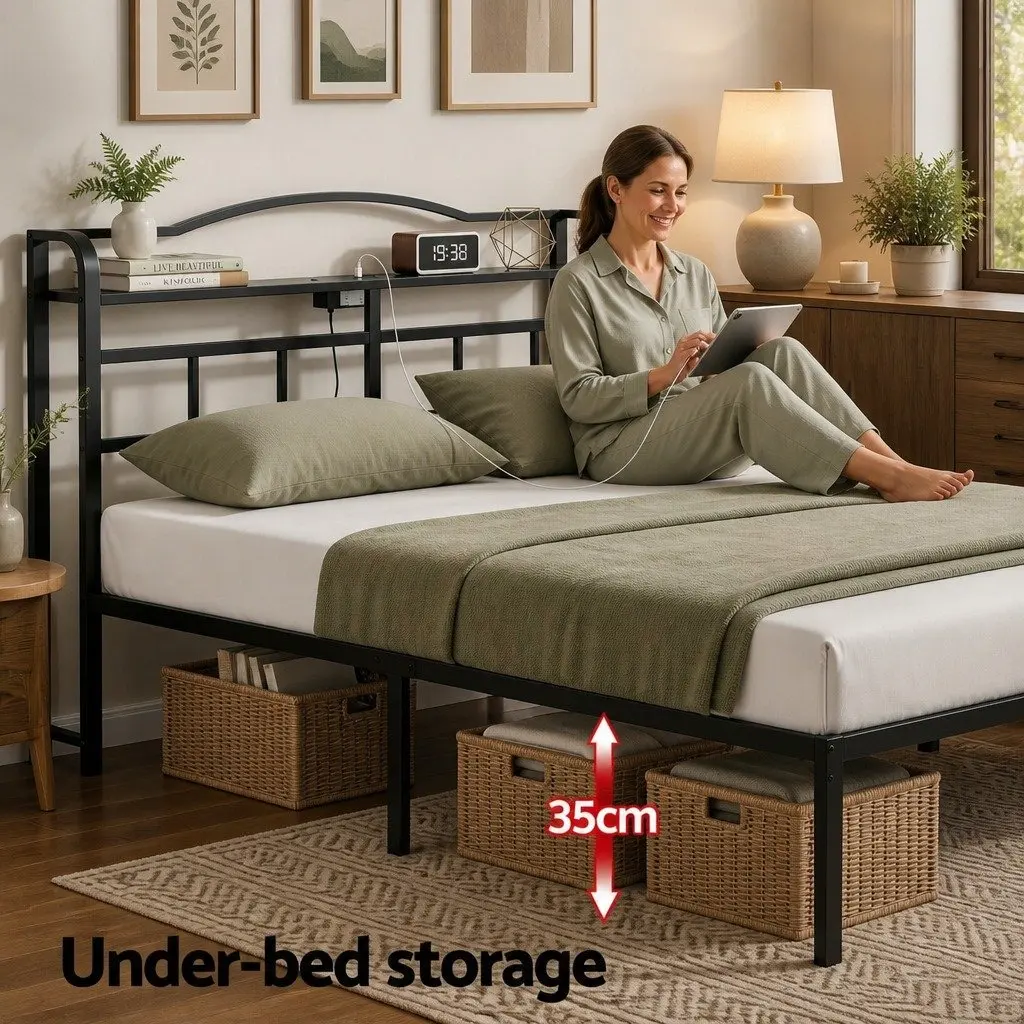 Double Bed Frame Metal with MDF Headboard Storage Black