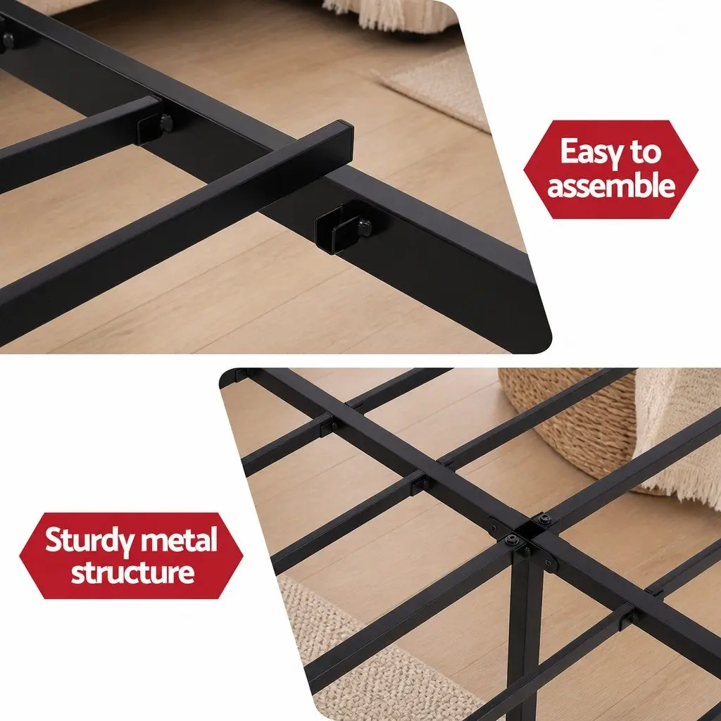 Double Bed Frame Metal with MDF Headboard Storage Black
