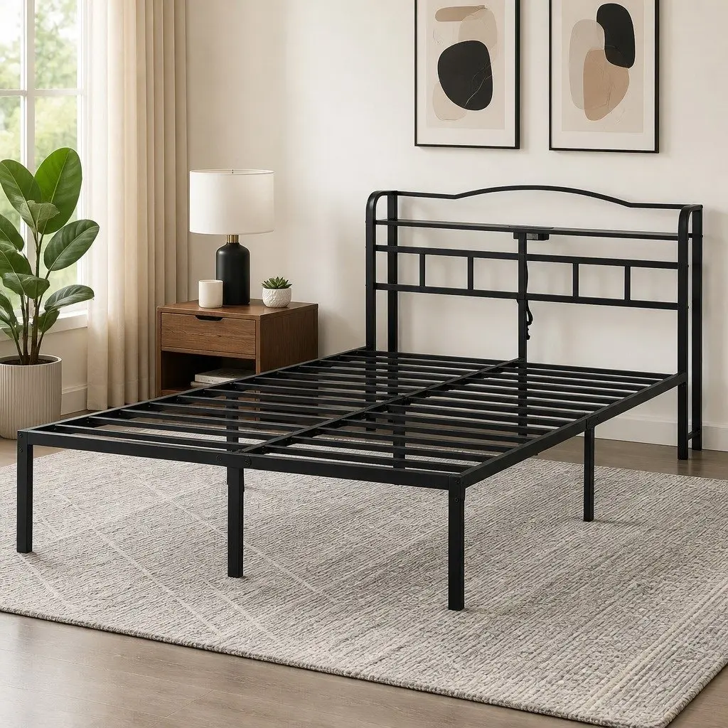Double Bed Frame Metal with MDF Headboard Storage Black