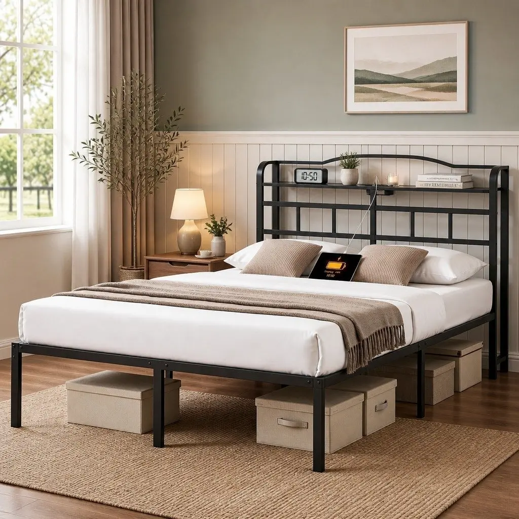 Queen Size Bed Frame Metal with MDF Headboard Integrated Charging Station Black