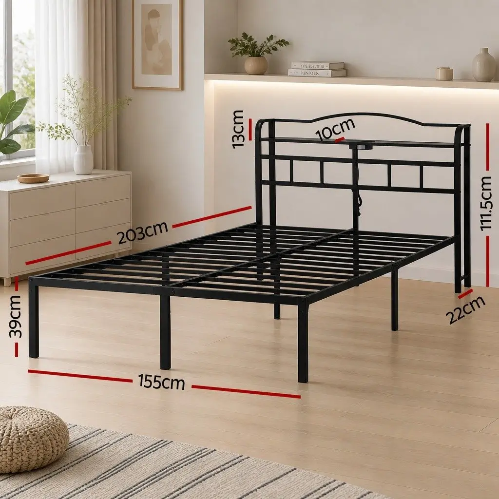 Queen Size Bed Frame Metal with MDF Headboard Integrated Charging Station Black