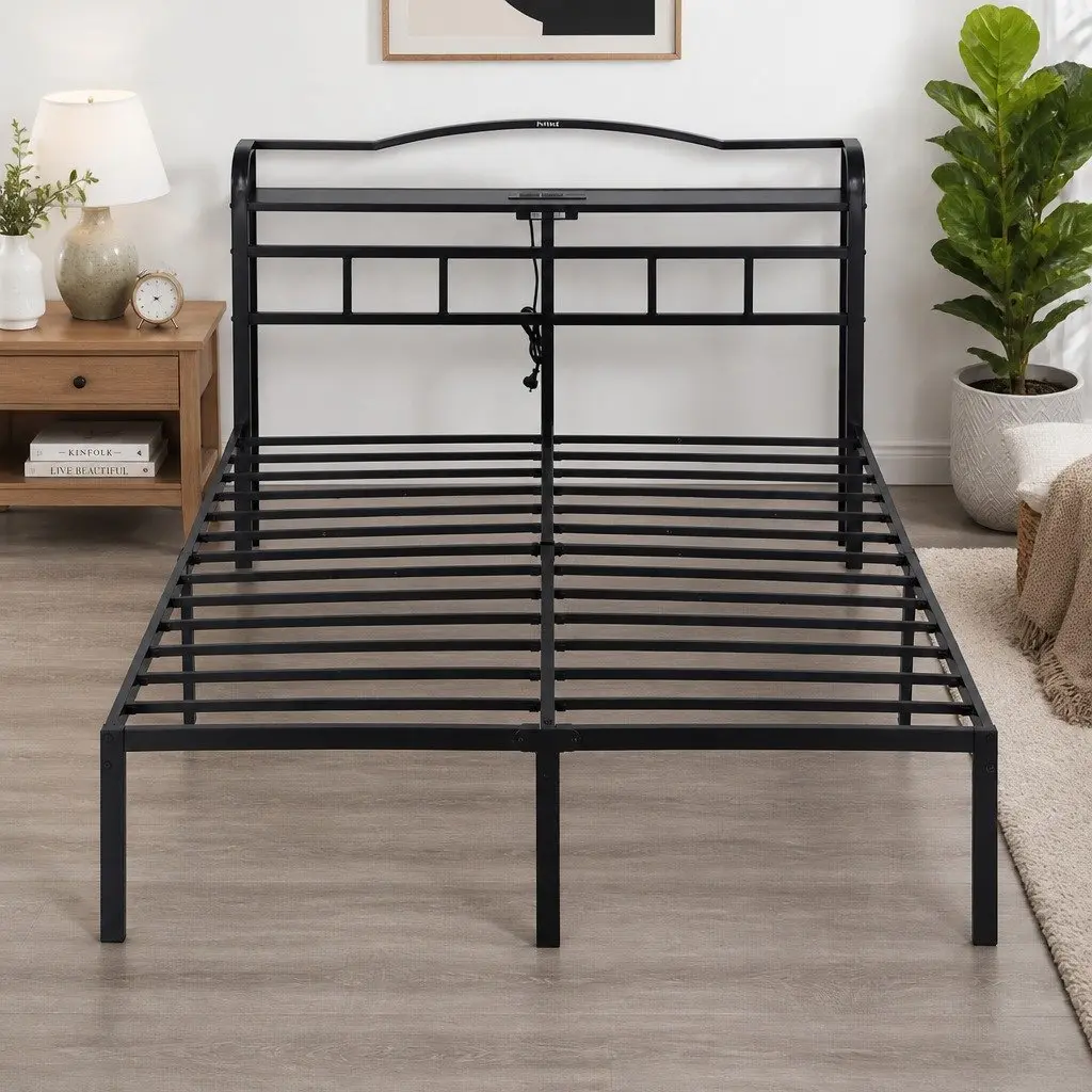 Queen Size Bed Frame Metal with MDF Headboard Integrated Charging Station Black