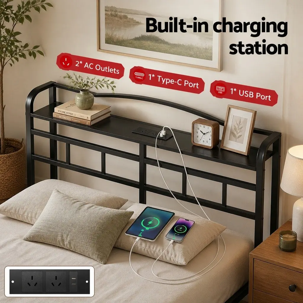 Queen Size Bed Frame Metal with MDF Headboard Integrated Charging Station Black
