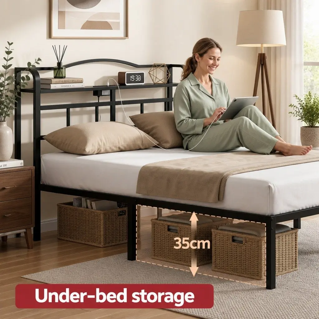 Queen Size Bed Frame Metal with MDF Headboard Integrated Charging Station Black