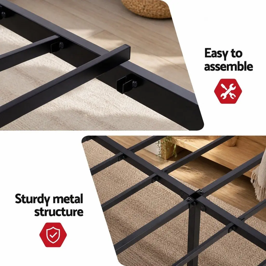 Queen Size Bed Frame Metal with MDF Headboard Integrated Charging Station Black