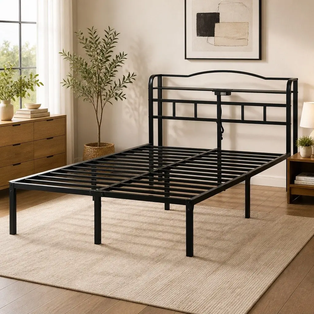 Queen Size Bed Frame Metal with MDF Headboard Integrated Charging Station Black