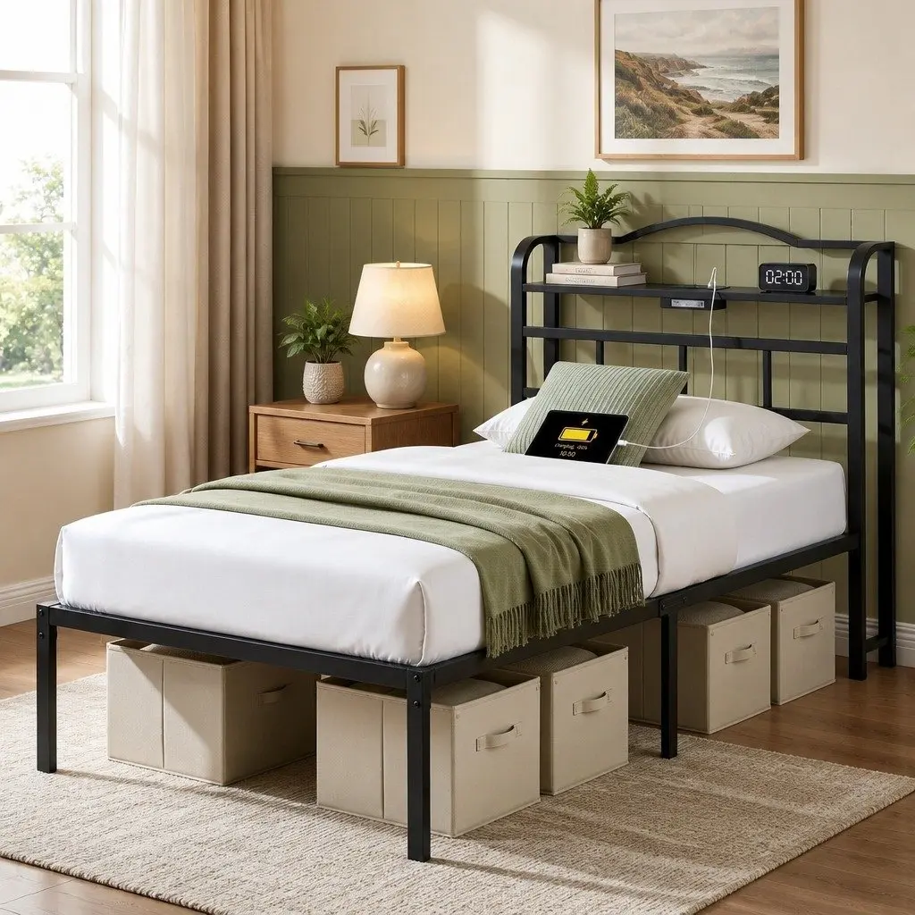 Single Bed Frame Metal Construction with MDF Headboard Storage Integrated Charging Station Black