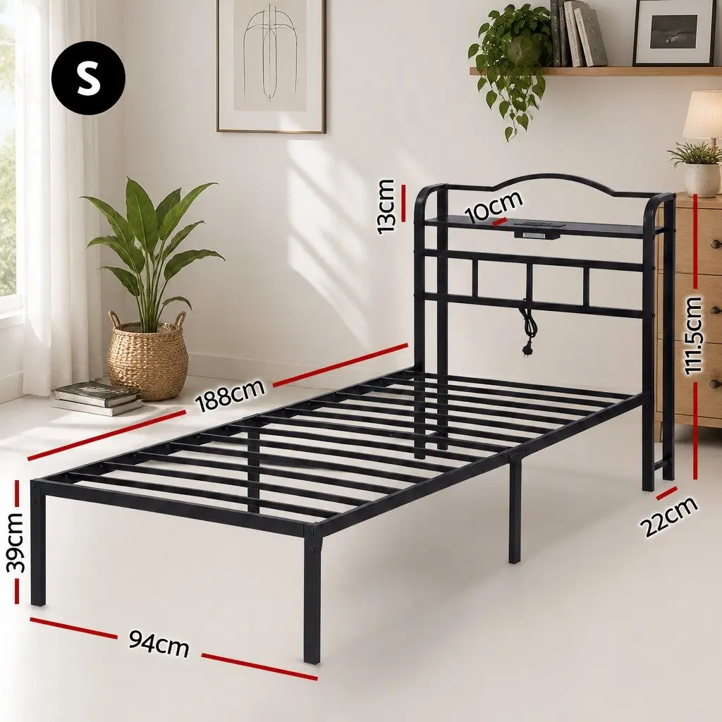 Single Bed Frame Metal Construction with MDF Headboard Storage Integrated Charging Station Black