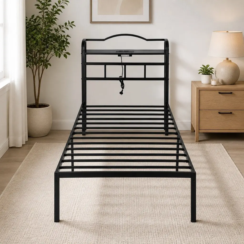 Single Bed Frame Metal Construction with MDF Headboard Storage Integrated Charging Station Black