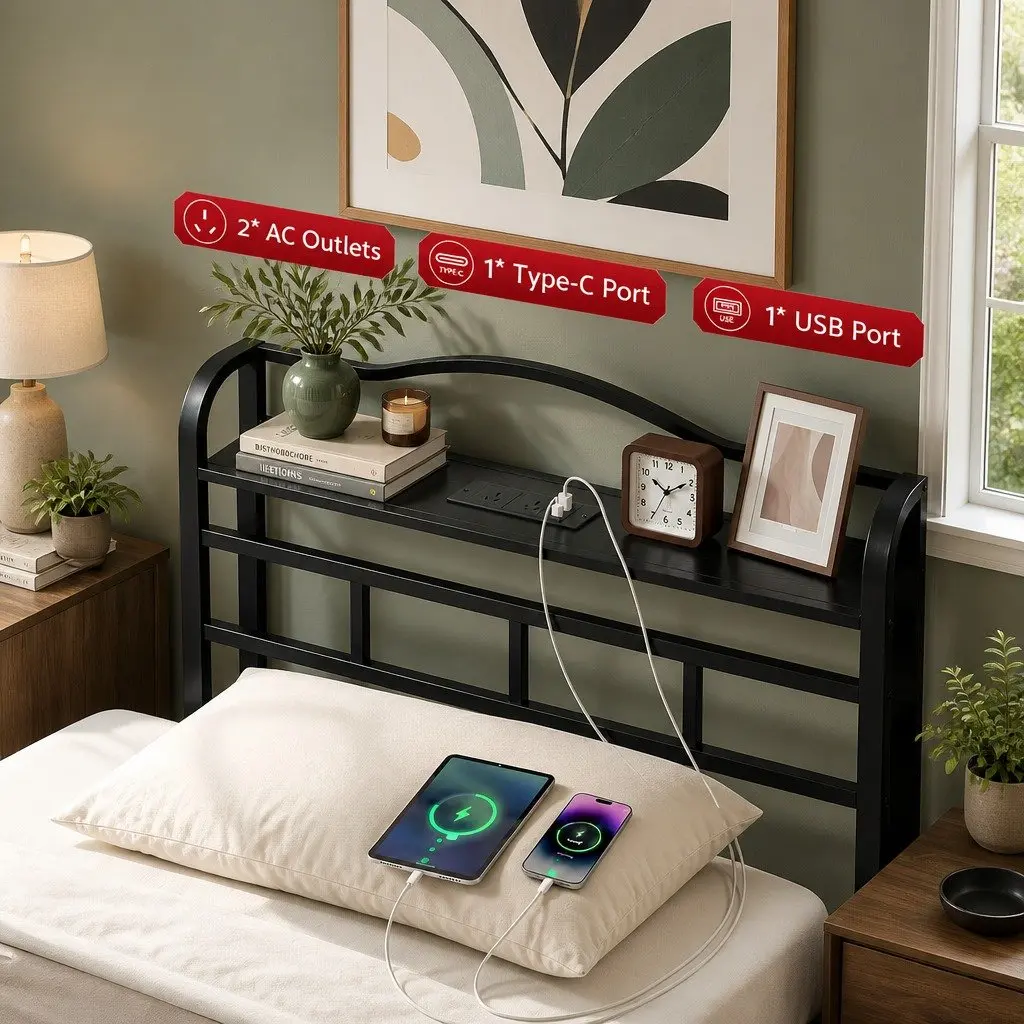 Single Bed Frame Metal Construction with MDF Headboard Storage Integrated Charging Station Black