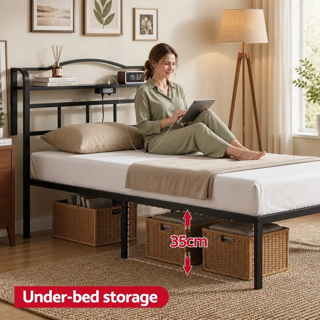 Single Bed Frame Metal Construction with MDF Headboard Storage Integrated Charging Station Black