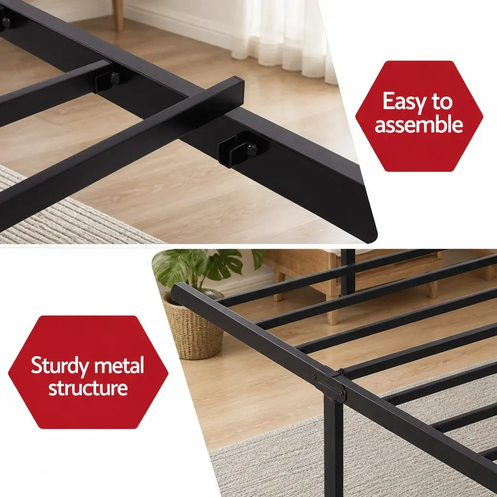 Single Bed Frame Metal Construction with MDF Headboard Storage Integrated Charging Station Black