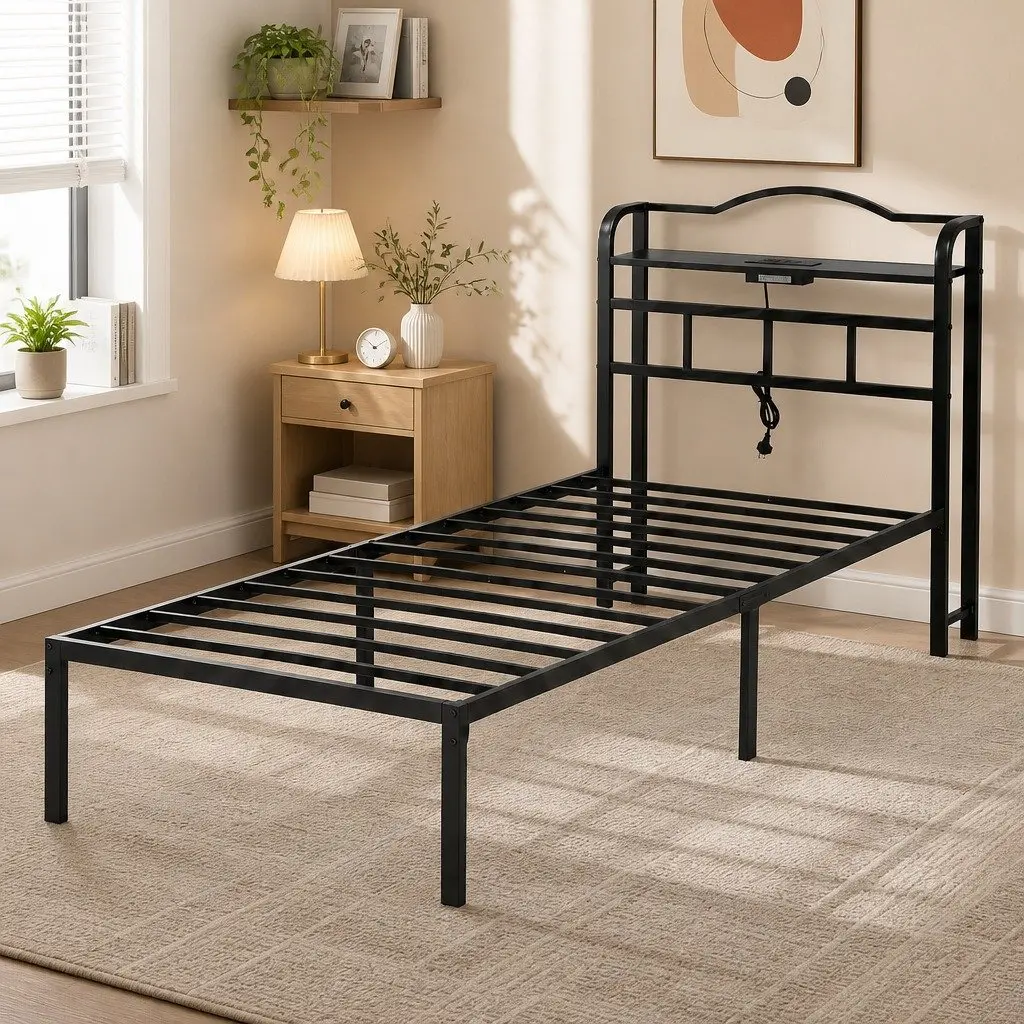 Single Bed Frame Metal Construction with MDF Headboard Storage Integrated Charging Station Black