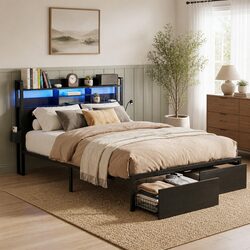 Double Metal Bed Frame with LED Lights Storage Drawers Charging Station