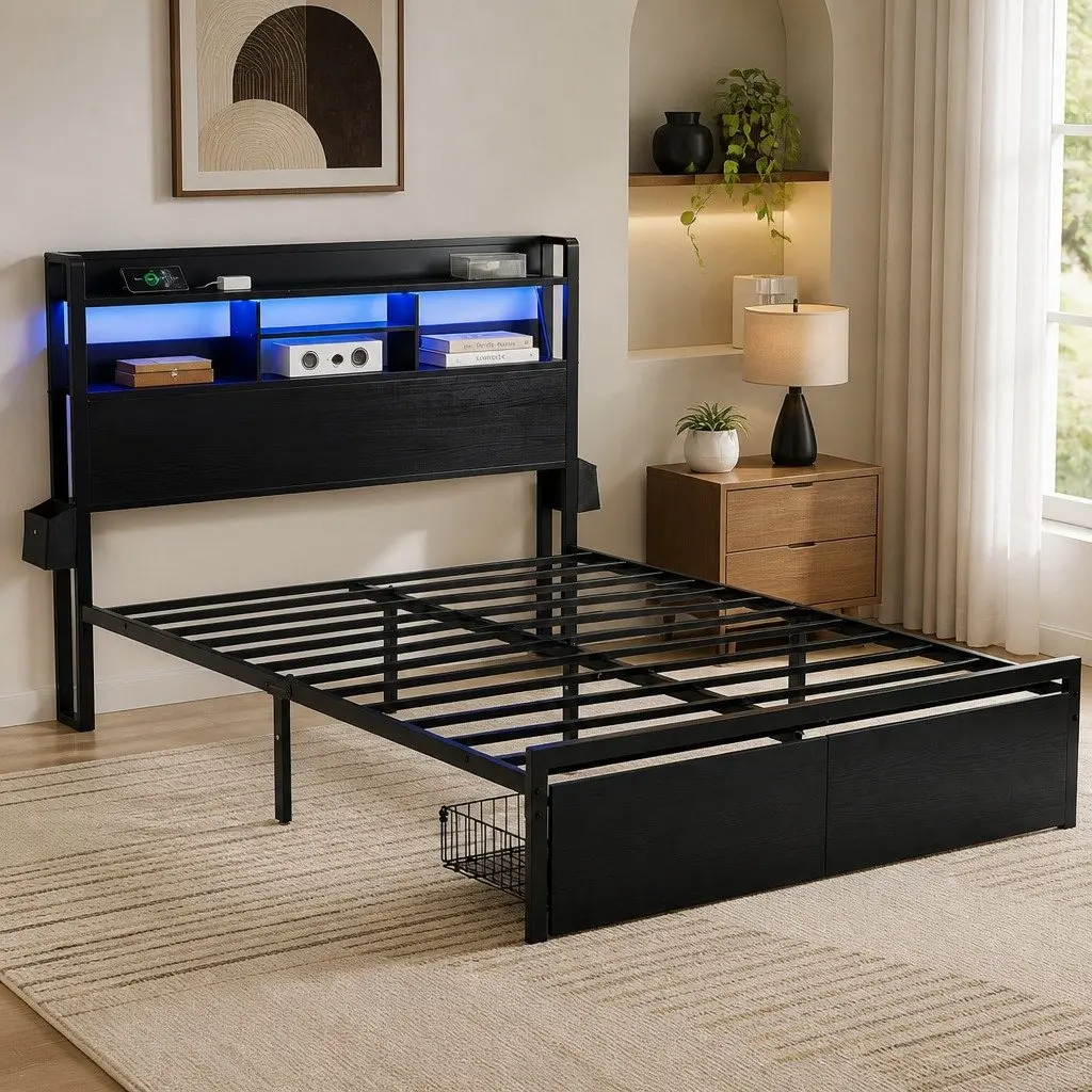 Double Bed Frame Metal Construction Double Size Black