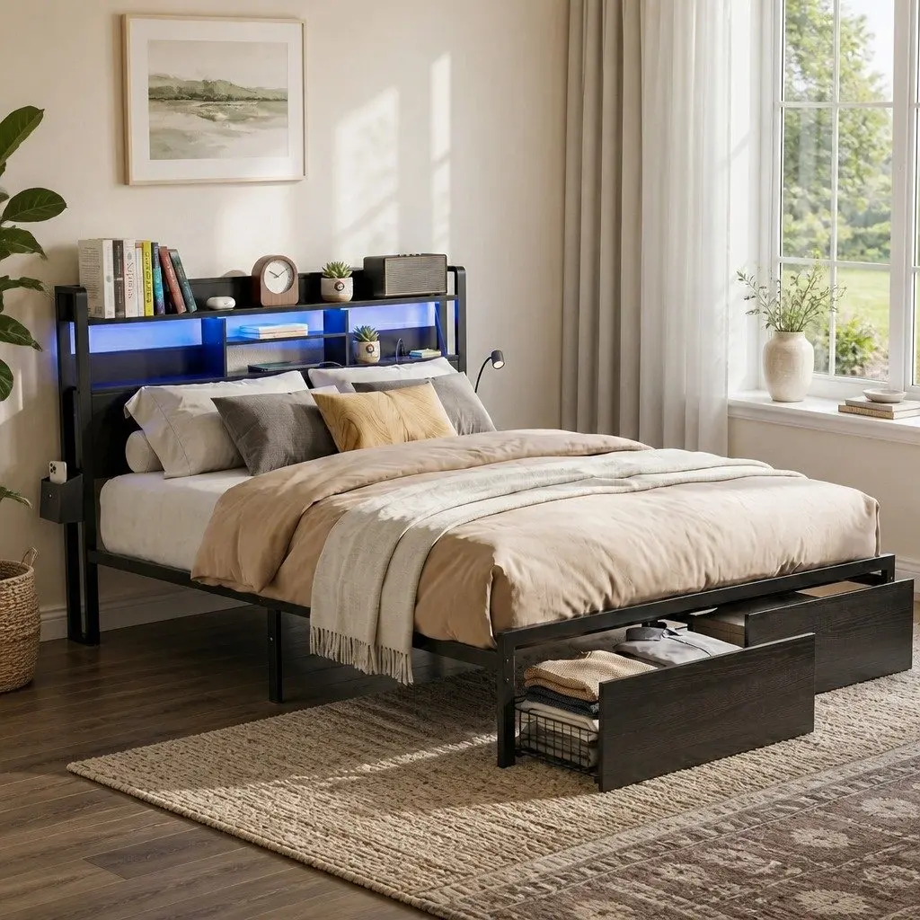 King Bed Frame Metal Construction Black with Storage Drawers LED Lights and Charging Station