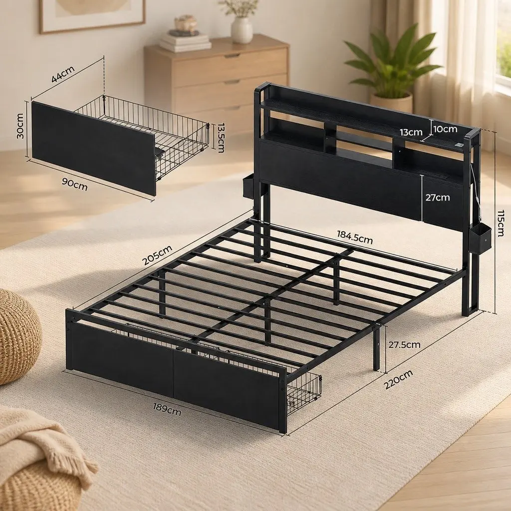 King Bed Frame Metal Construction Black with Storage Drawers LED Lights and Charging Station
