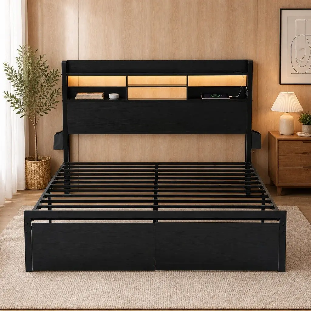 King Bed Frame Metal Construction Black with Storage Drawers LED Lights and Charging Station