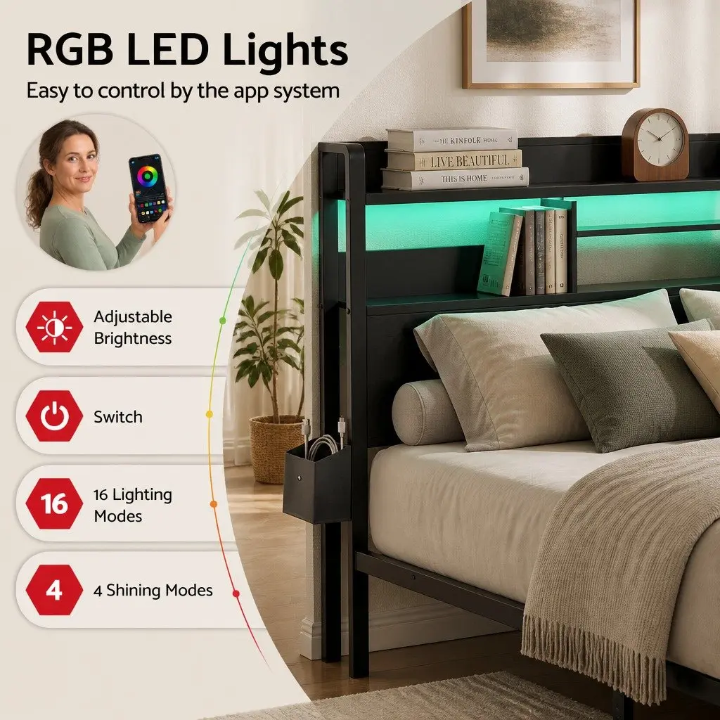 King Bed Frame Metal Construction Black with Storage Drawers LED Lights and Charging Station