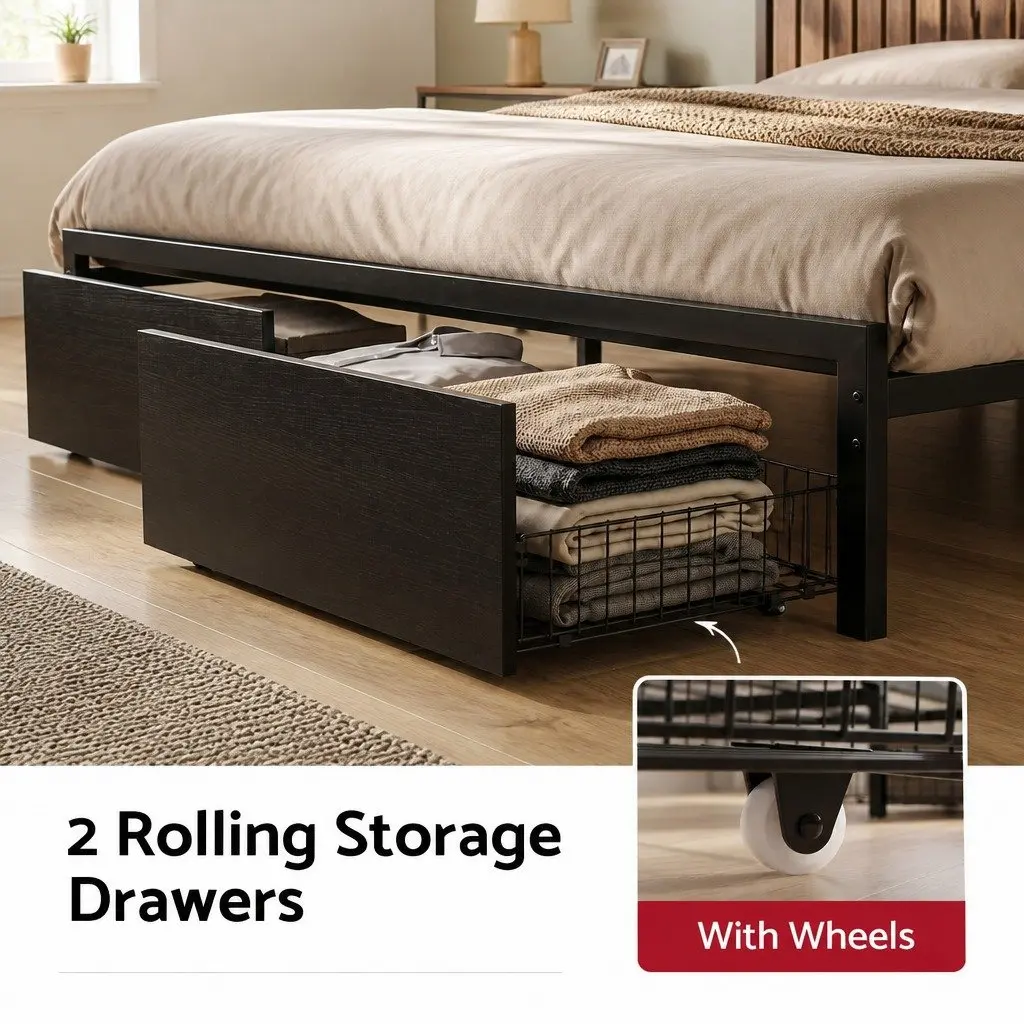 King Bed Frame Metal Construction Black with Storage Drawers LED Lights and Charging Station