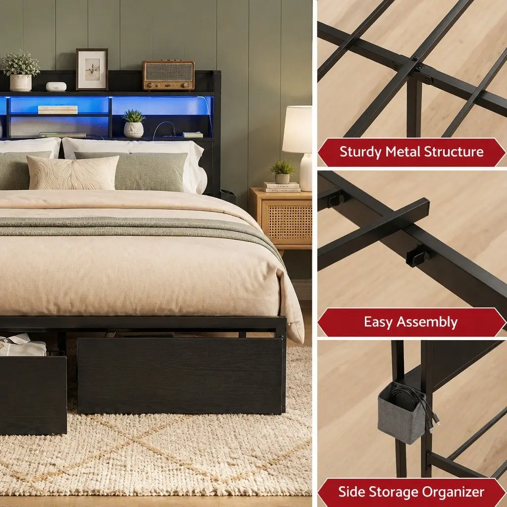 King Bed Frame Metal Construction Black with Storage Drawers LED Lights and Charging Station