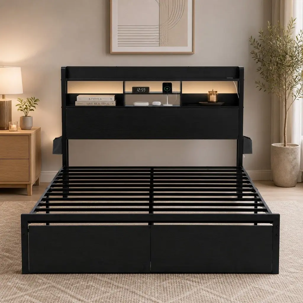Queen Bed Frame with Storage Drawers LED Charging Station Metal Industrial